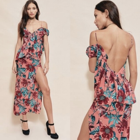 For Love And Lemons Dresses & Skirts - For Love and Lemons Flamenco Floral High Slit Midi Dress Size XS Silk Blend